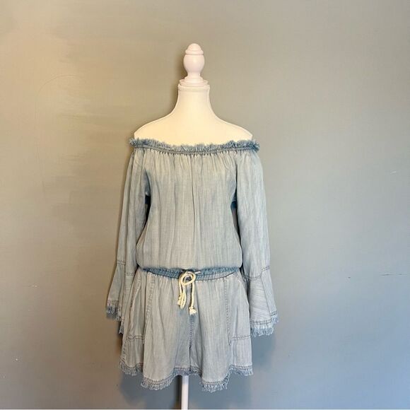 Ramy Brook Esie Chambray Romper Size XS Long Bell Sleeves Off the Shoulder - Picture 4 of 10